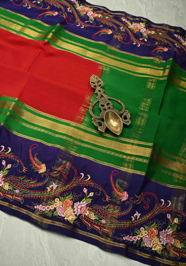Crimson Red Mysore Silk Saree with Floral Embroidery on Contrast Border | SILK MARK CERTIFIED