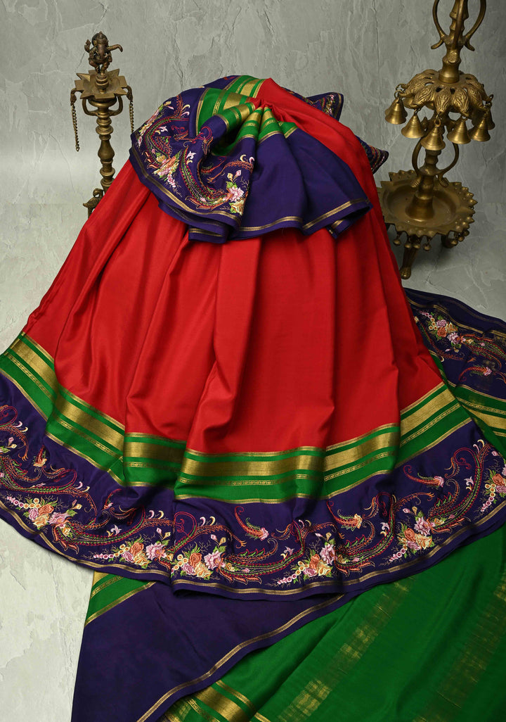 Crimson Red Mysore Silk Saree with Floral Embroidery on Contrast Border | SILK MARK CERTIFIED