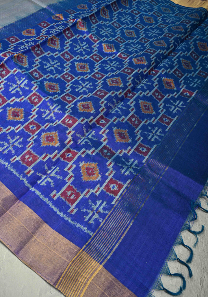 Gray Pure Raw Silk Saree with Floral Embroidery and Ikkat Pallu and Blouse Piece | SILK MARK CERTIFIED