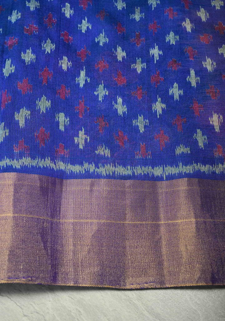 Gray Pure Raw Silk Saree with Floral Embroidery and Ikkat Pallu and Blouse Piece | SILK MARK CERTIFIED