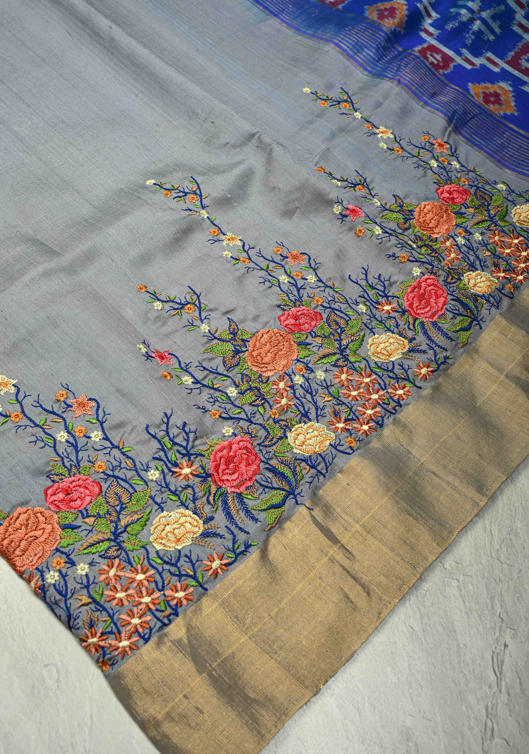 Gray Pure Raw Silk Saree with Floral Embroidery and Ikkat Pallu and Blouse Piece | SILK MARK CERTIFIED