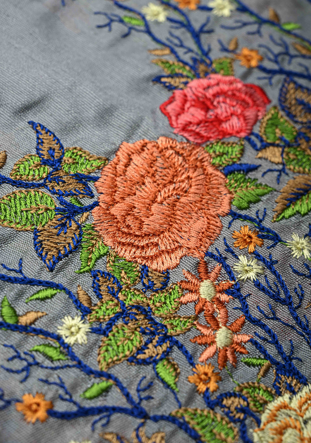 Gray Pure Raw Silk Saree with Floral Embroidery and Ikkat Pallu and Blouse Piece | SILK MARK CERTIFIED