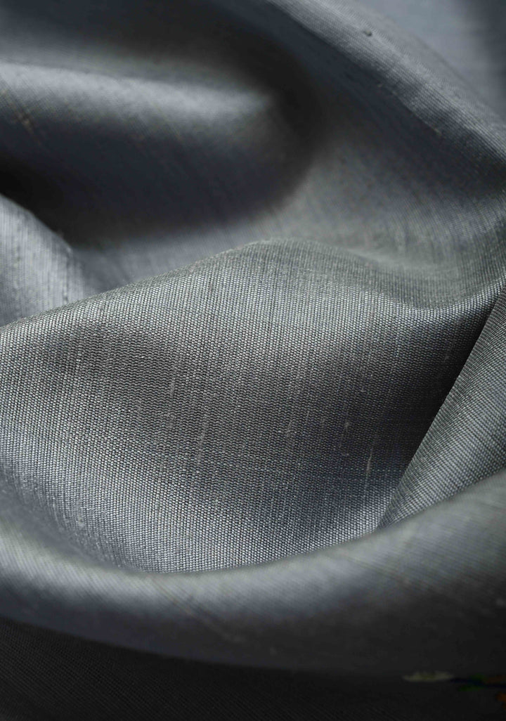 Gray Pure Raw Silk Saree with Floral Embroidery and Ikkat Pallu and Blouse Piece | SILK MARK CERTIFIED