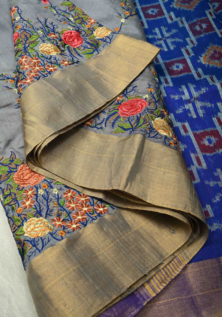 Gray Pure Raw Silk Saree with Floral Embroidery and Ikkat Pallu and Blouse Piece | SILK MARK CERTIFIED