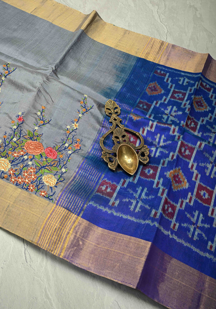Gray Pure Raw Silk Saree with Floral Embroidery and Ikkat Pallu and Blouse Piece | SILK MARK CERTIFIED