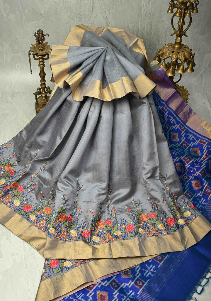 Gray Pure Raw Silk Saree with Floral Embroidery and Ikkat Pallu and Blouse Piece | SILK MARK CERTIFIED