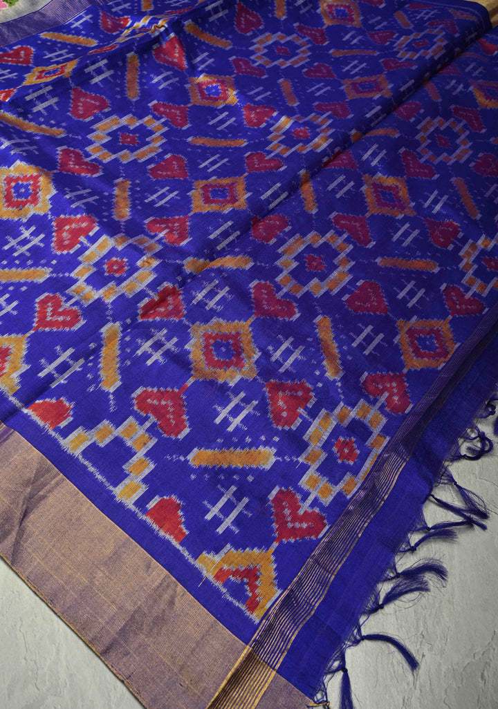 Kora Color Pure Raw Silk Saree with Cross Stitch Floral Embroidery and Ikkat Pallu, Blouse Piece | SILK MARK CERTIFIED