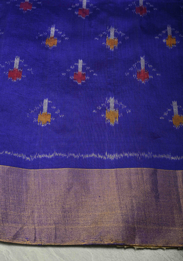 Kora Color Pure Raw Silk Saree with Cross Stitch Floral Embroidery and Ikkat Pallu, Blouse Piece | SILK MARK CERTIFIED