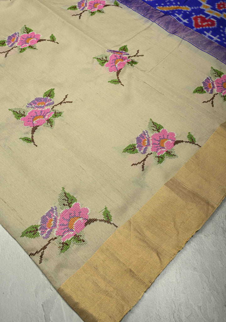 Kora Color Pure Raw Silk Saree with Cross Stitch Floral Embroidery and Ikkat Pallu, Blouse Piece | SILK MARK CERTIFIED