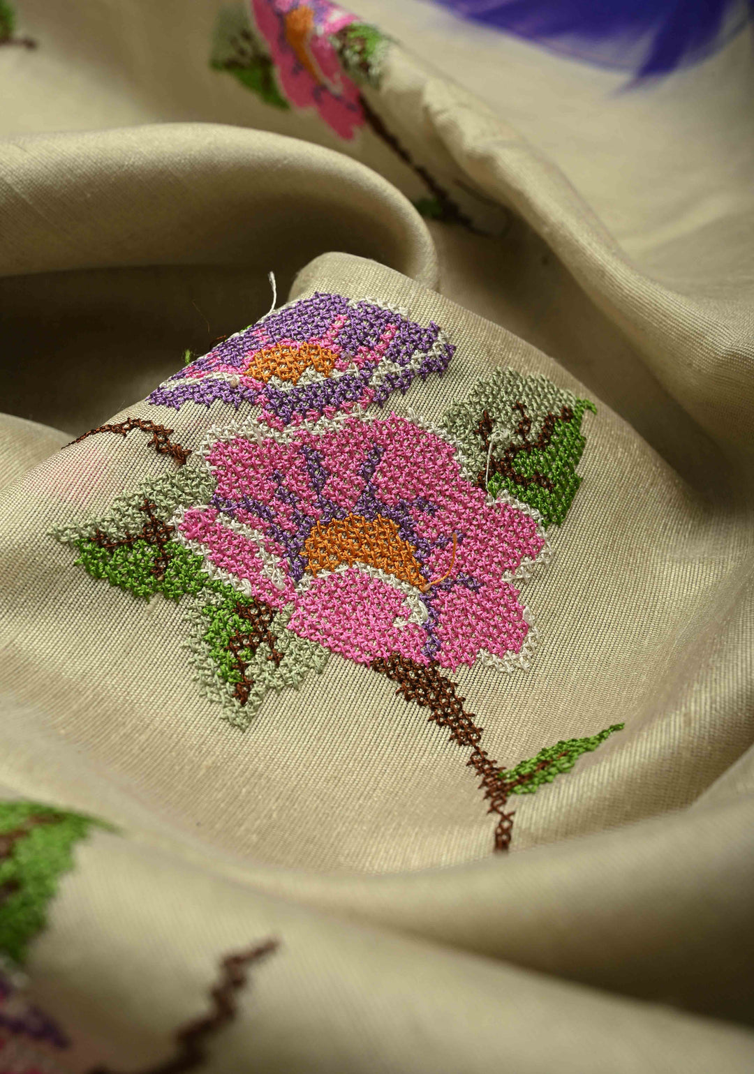 Kora Color Pure Raw Silk Saree with Cross Stitch Floral Embroidery and Ikkat Pallu, Blouse Piece | SILK MARK CERTIFIED