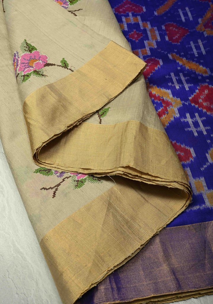 Kora Color Pure Raw Silk Saree with Cross Stitch Floral Embroidery and Ikkat Pallu, Blouse Piece | SILK MARK CERTIFIED