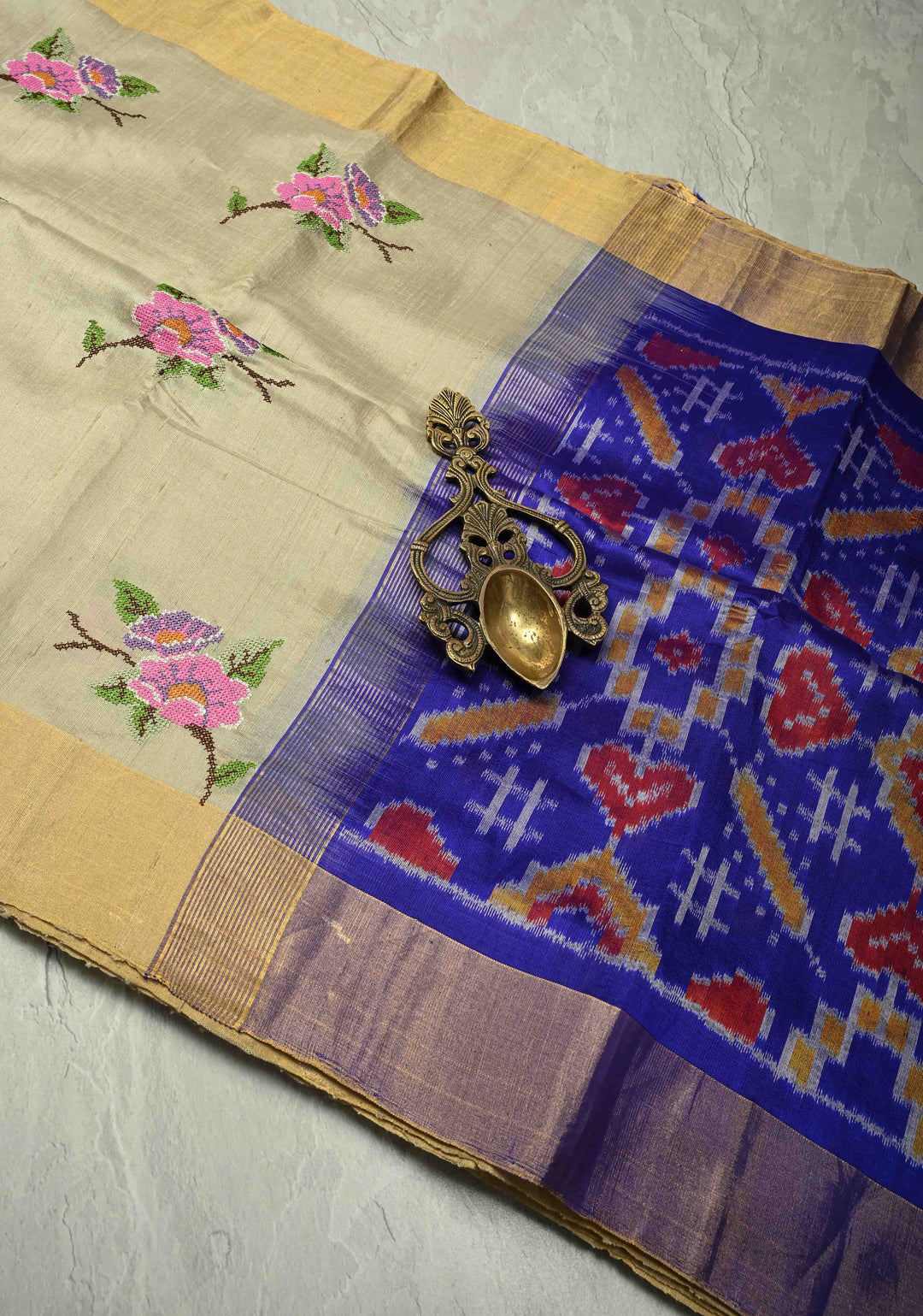 Kora Color Pure Raw Silk Saree with Cross Stitch Floral Embroidery and Ikkat Pallu, Blouse Piece | SILK MARK CERTIFIED