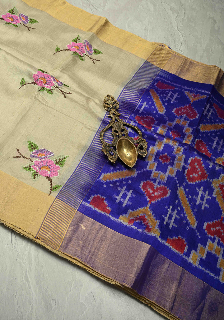Kora Color Pure Raw Silk Saree with Cross Stitch Floral Embroidery and Ikkat Pallu, Blouse Piece | SILK MARK CERTIFIED