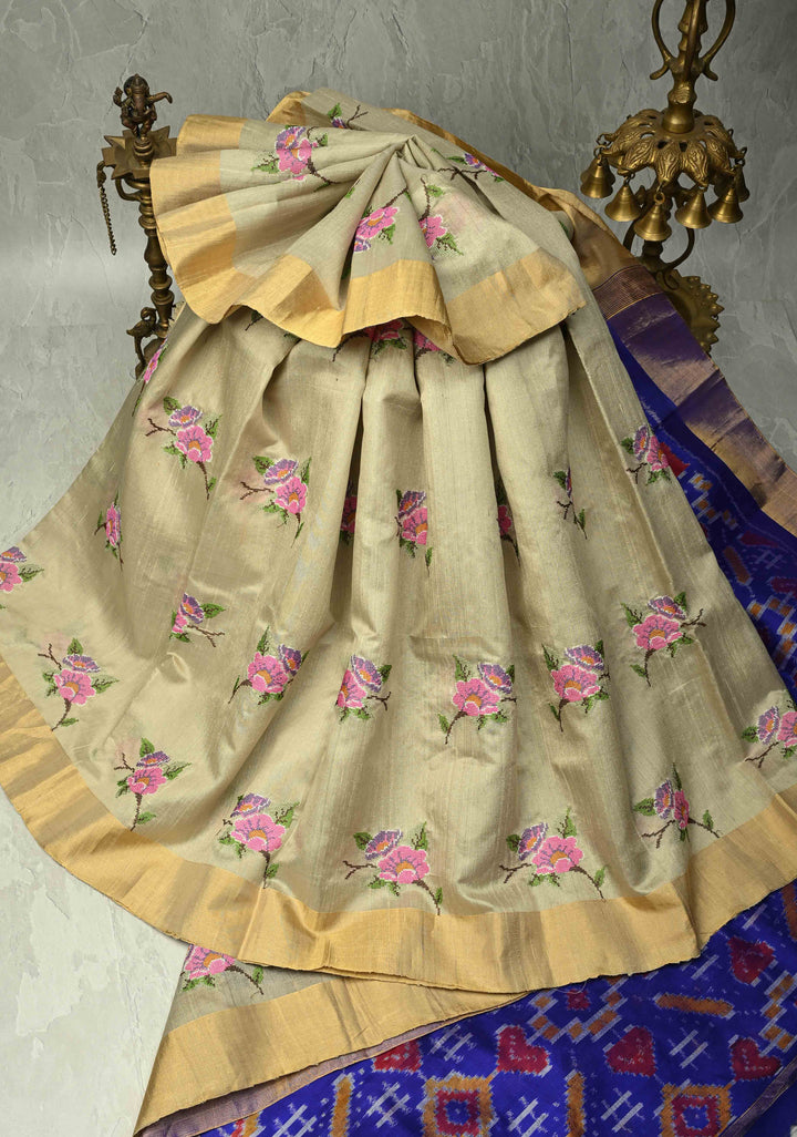 Kora Color Pure Raw Silk Saree with Cross Stitch Floral Embroidery and Ikkat Pallu, Blouse Piece | SILK MARK CERTIFIED