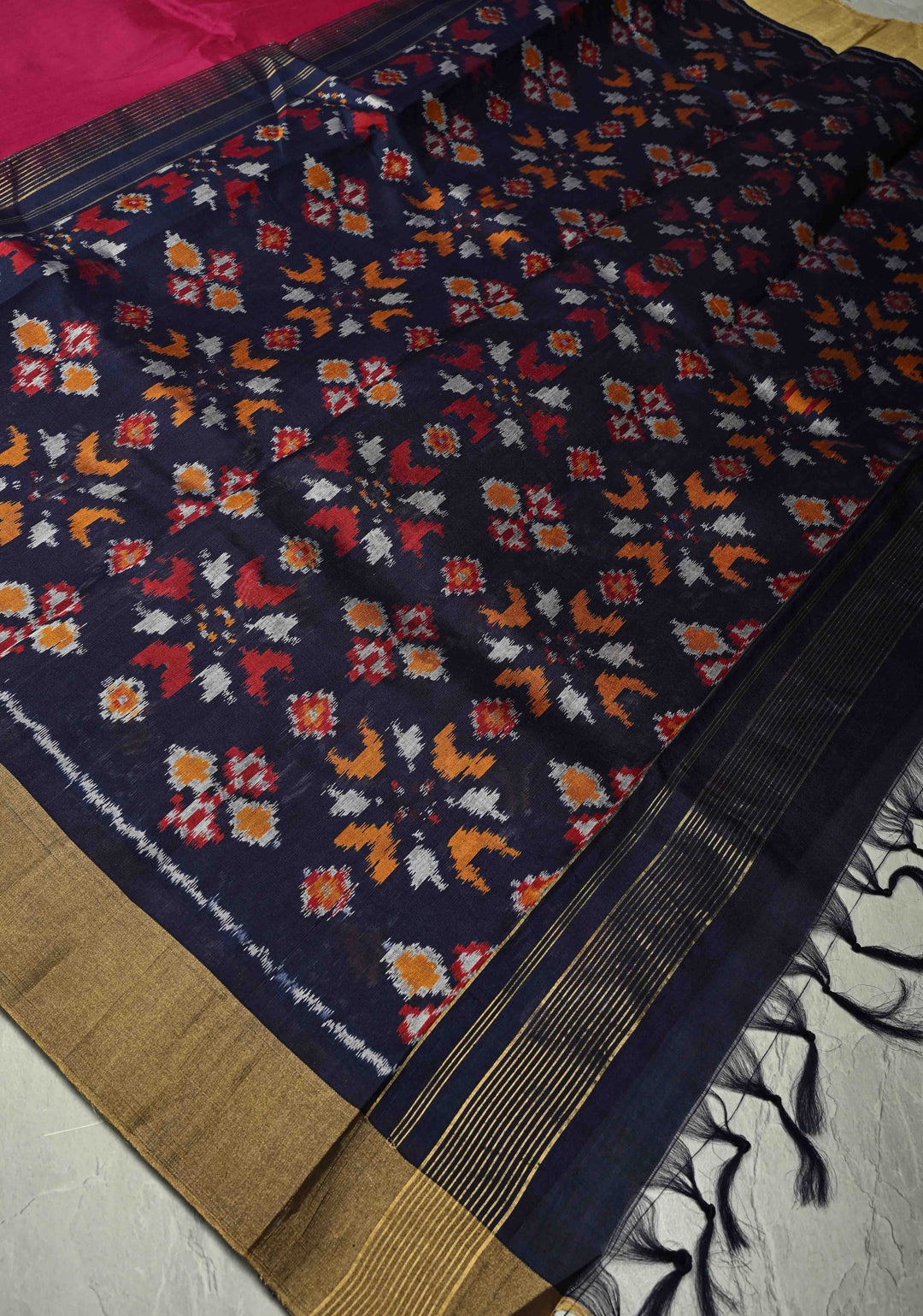 Rani Pink Pure Raw Silk Saree with Floral Embroidery and Ikkat Pallu and Blouse Piece | SILK MARK CERTIFIED