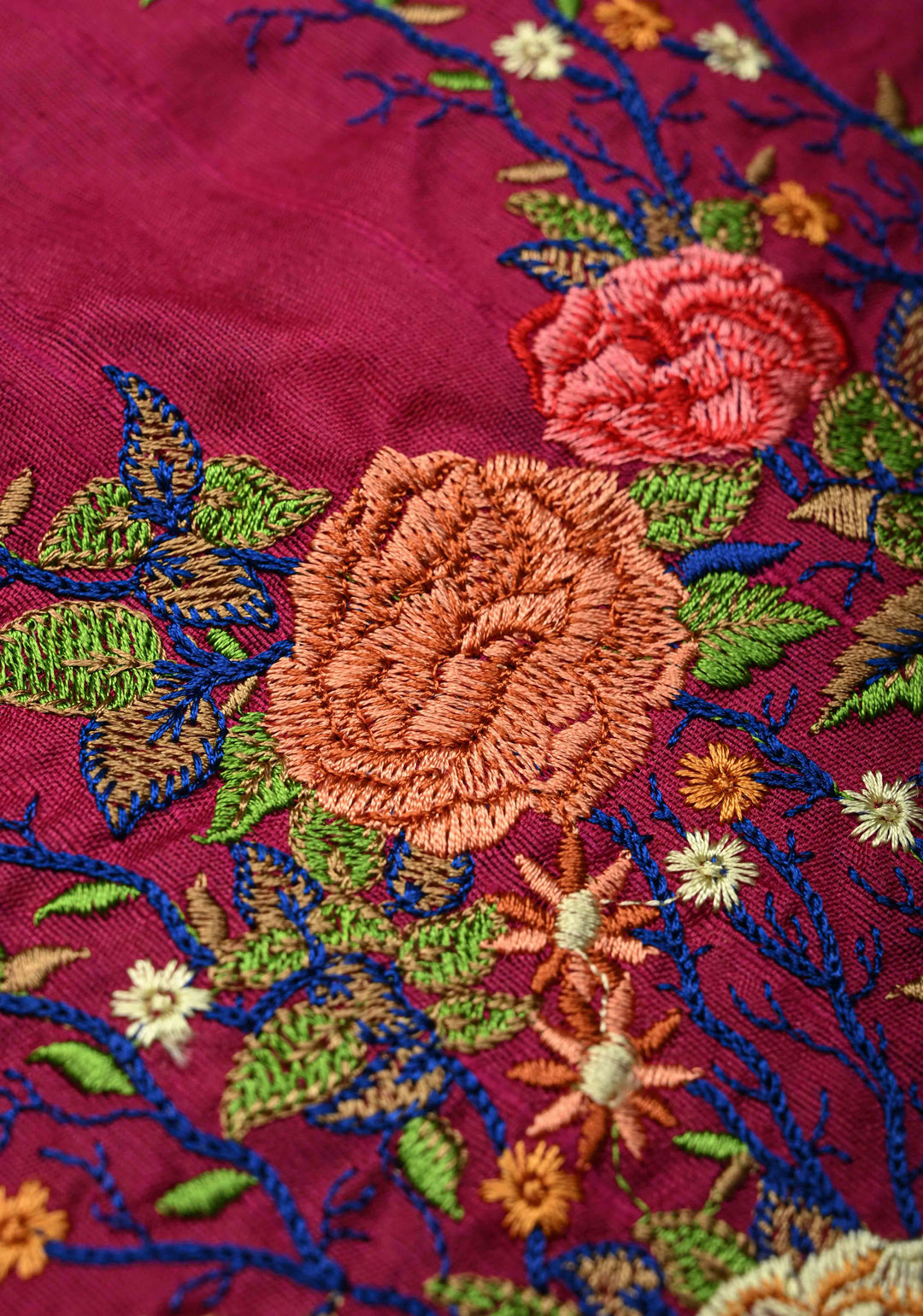 Rani Pink Pure Raw Silk Saree with Floral Embroidery and Ikkat Pallu and Blouse Piece | SILK MARK CERTIFIED