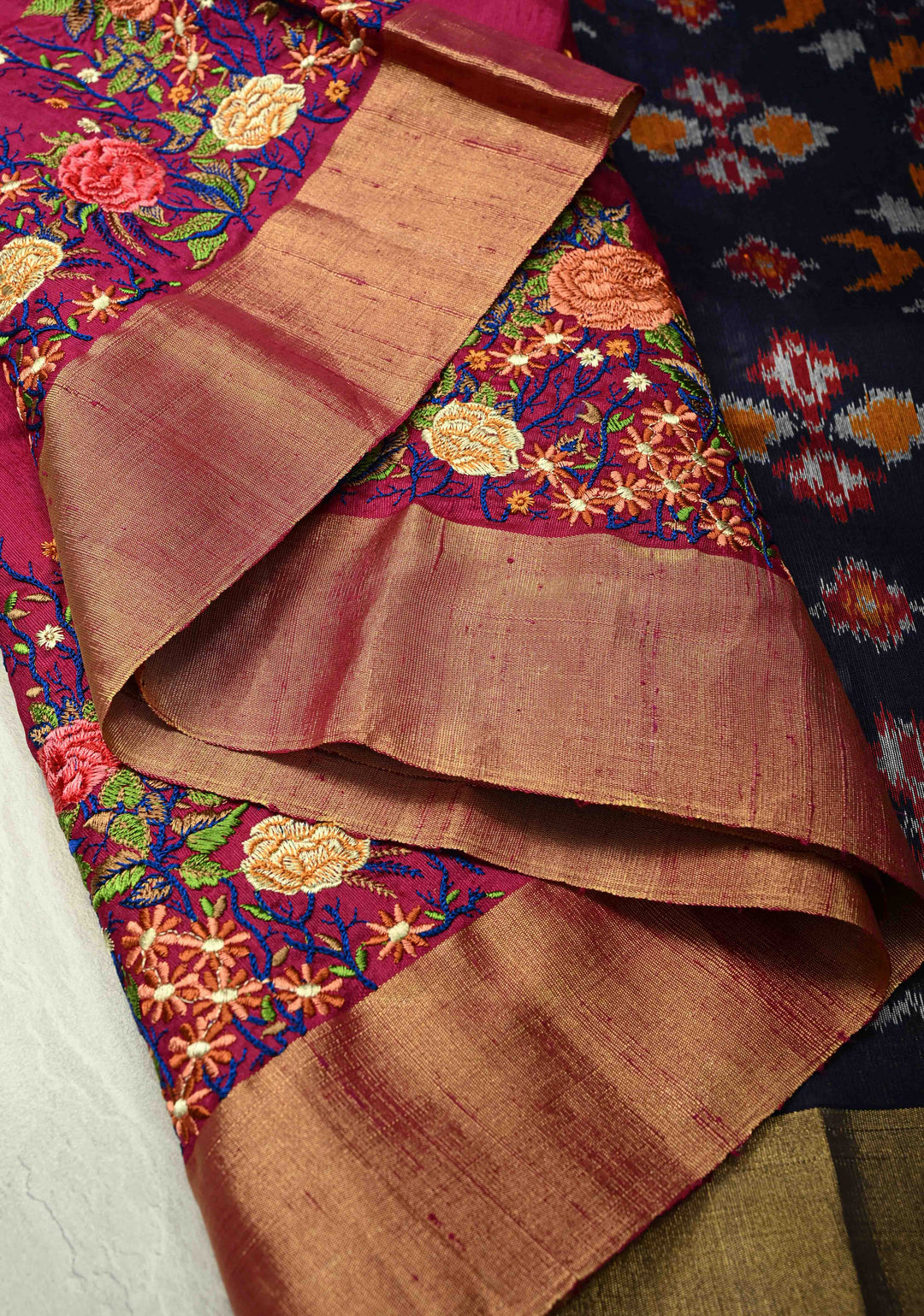 Rani Pink Pure Raw Silk Saree with Floral Embroidery and Ikkat Pallu and Blouse Piece | SILK MARK CERTIFIED