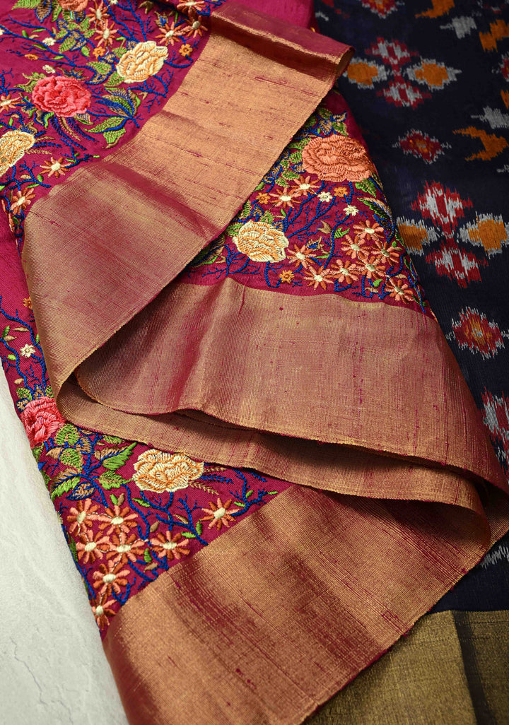 Rani Pink Pure Raw Silk Saree with Floral Embroidery and Ikkat Pallu and Blouse Piece | SILK MARK CERTIFIED