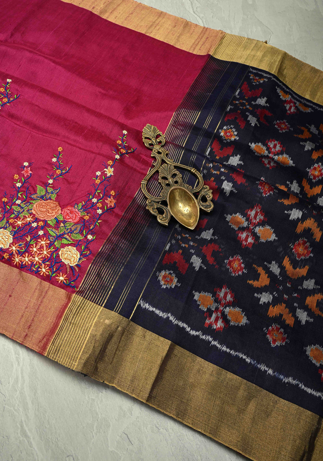 Rani Pink Pure Raw Silk Saree with Floral Embroidery and Ikkat Pallu and Blouse Piece | SILK MARK CERTIFIED