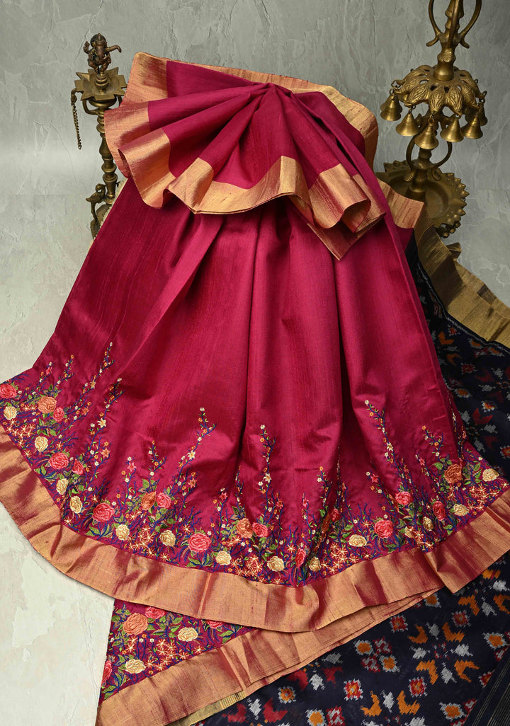 Rani Pink Pure Raw Silk Saree with Floral Embroidery and Ikkat Pallu and Blouse Piece | SILK MARK CERTIFIED