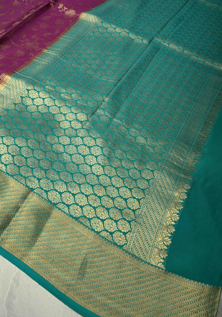 Purple floral Jaal on Mysore Silk saree with Machine embroidery, Cutwork and contrast Zari Border | SILK MARK CERTIFIED