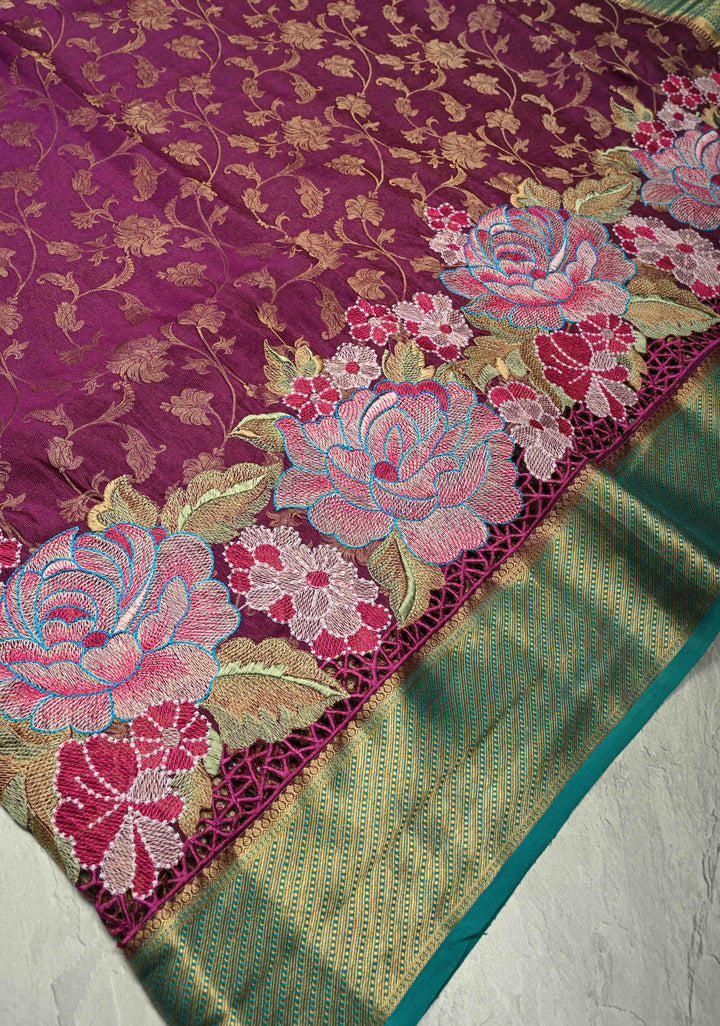 Purple floral Jaal on Mysore Silk saree with Machine embroidery, Cutwork and contrast Zari Border | SILK MARK CERTIFIED