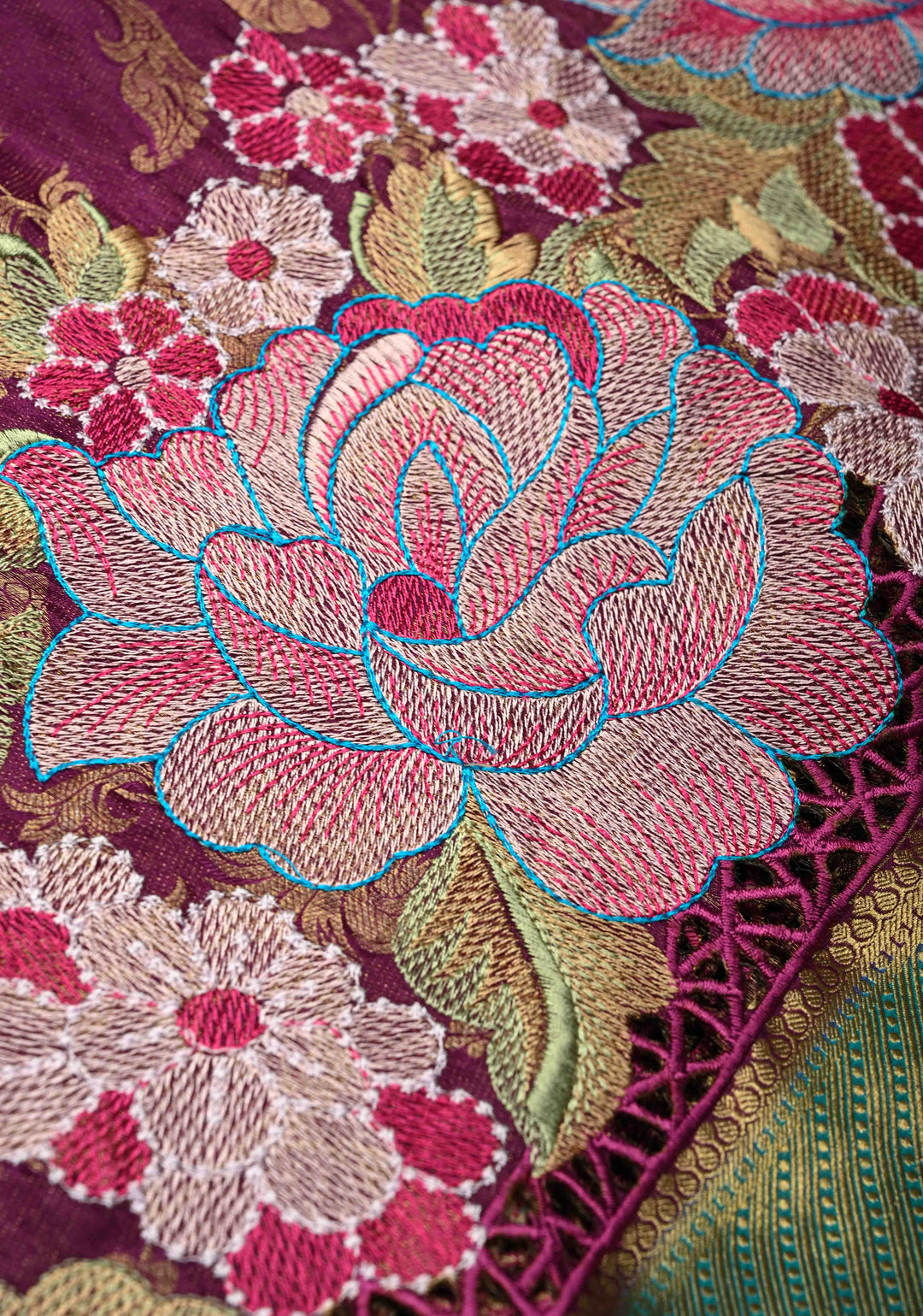 Purple floral Jaal on Mysore Silk saree with Machine embroidery, Cutwork and contrast Zari Border | SILK MARK CERTIFIED