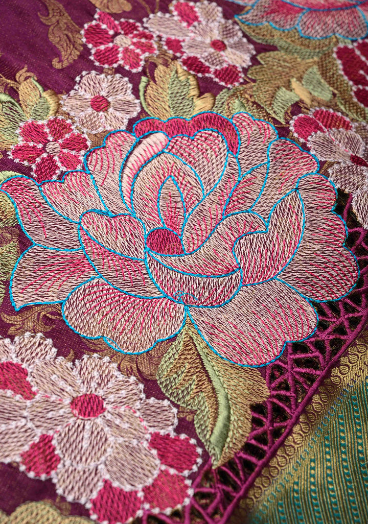 Purple floral Jaal on Mysore Silk saree with Machine embroidery, Cutwork and contrast Zari Border | SILK MARK CERTIFIED