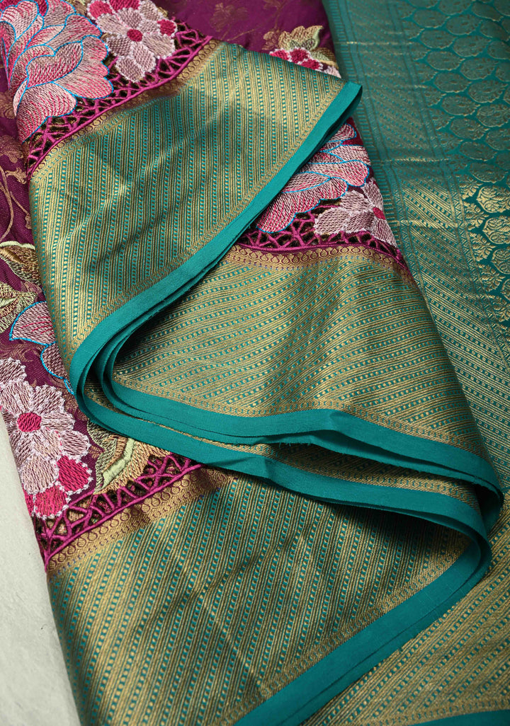 Purple floral Jaal on Mysore Silk saree with Machine embroidery, Cutwork and contrast Zari Border | SILK MARK CERTIFIED