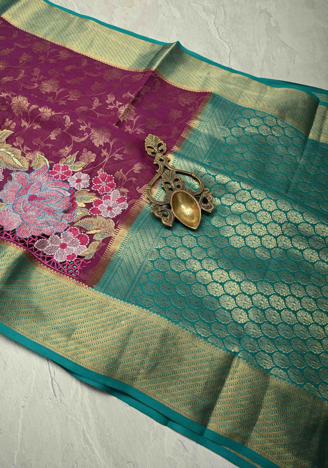 Purple floral Jaal on Mysore Silk saree with Machine embroidery, Cutwork and contrast Zari Border | SILK MARK CERTIFIED