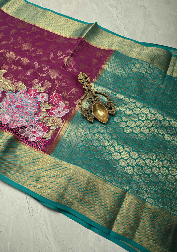 Purple floral Jaal on Mysore Silk saree with Machine embroidery, Cutwork and contrast Zari Border | SILK MARK CERTIFIED