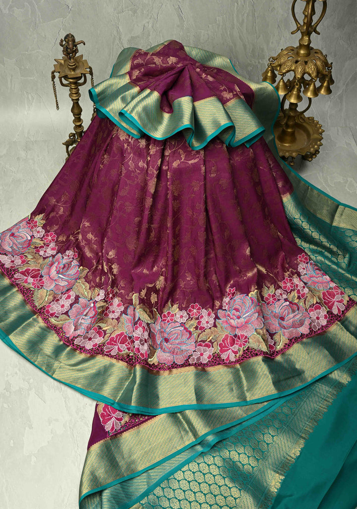 Purple floral Jaal on Mysore Silk saree with Machine embroidery, Cutwork and contrast Zari Border | SILK MARK CERTIFIED