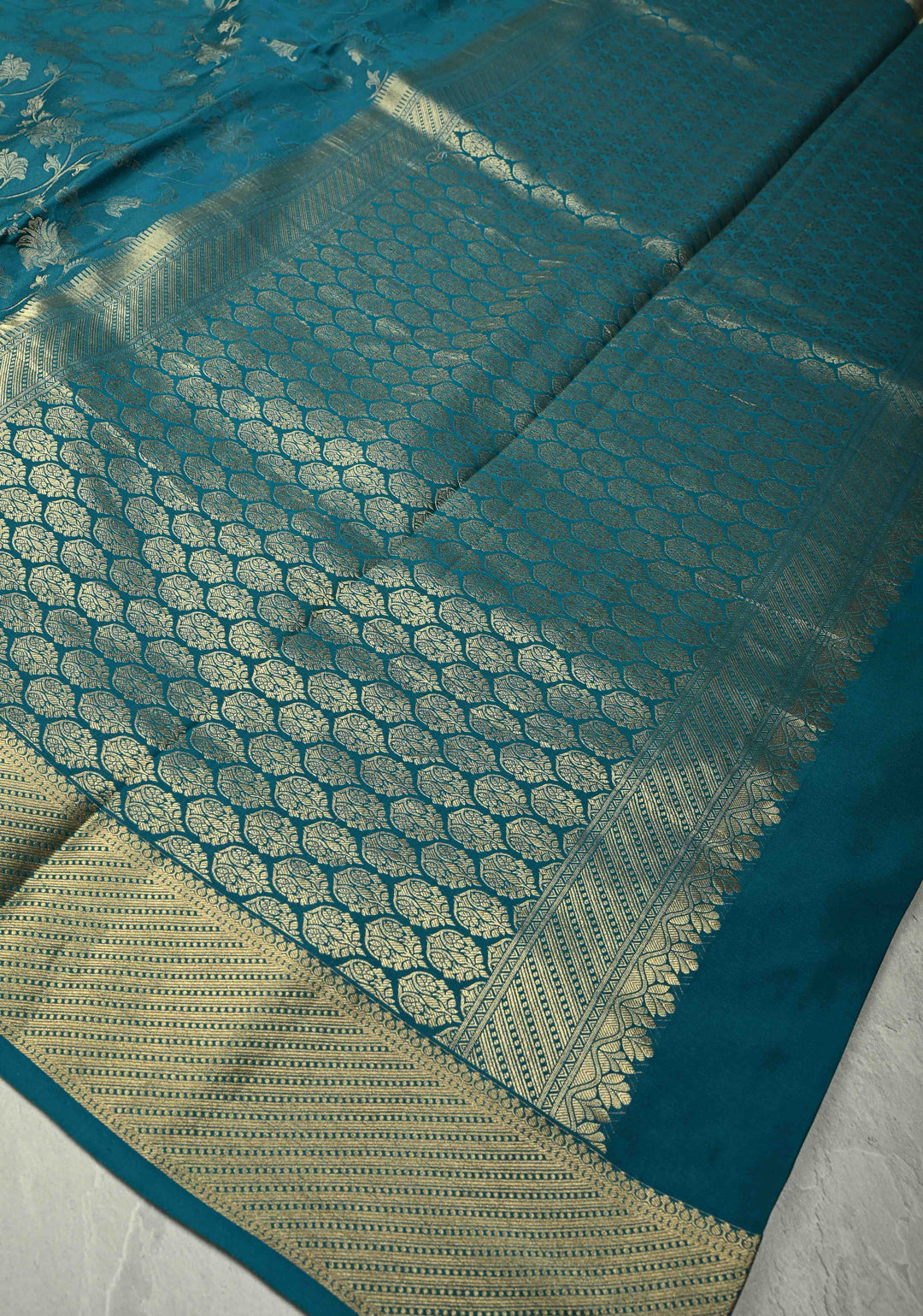 KSIC Grade Thickness Teal Green Muted Floral Brocade on Mysore Silk Saree with Machine Embroidery, Cutwork and Zari Border | SILK MARK CERTIFIED