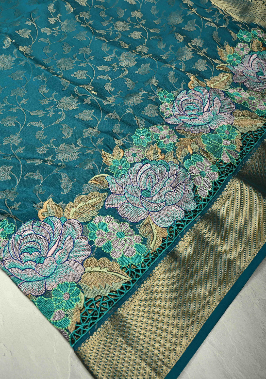 KSIC Grade Thickness Teal Green Muted Floral Brocade on Mysore Silk Saree with Machine Embroidery, Cutwork and Zari Border | SILK MARK CERTIFIED