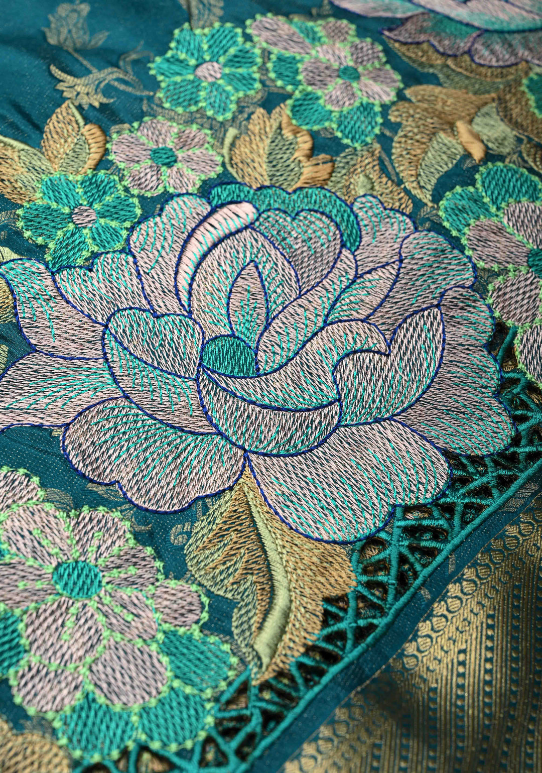 KSIC Grade Thickness Teal Green Muted Floral Brocade on Mysore Silk Saree with Machine Embroidery, Cutwork and Zari Border | SILK MARK CERTIFIED