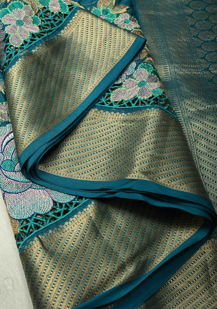 KSIC Grade Thickness Teal Green Muted Floral Brocade on Mysore Silk Saree with Machine Embroidery, Cutwork and Zari Border | SILK MARK CERTIFIED