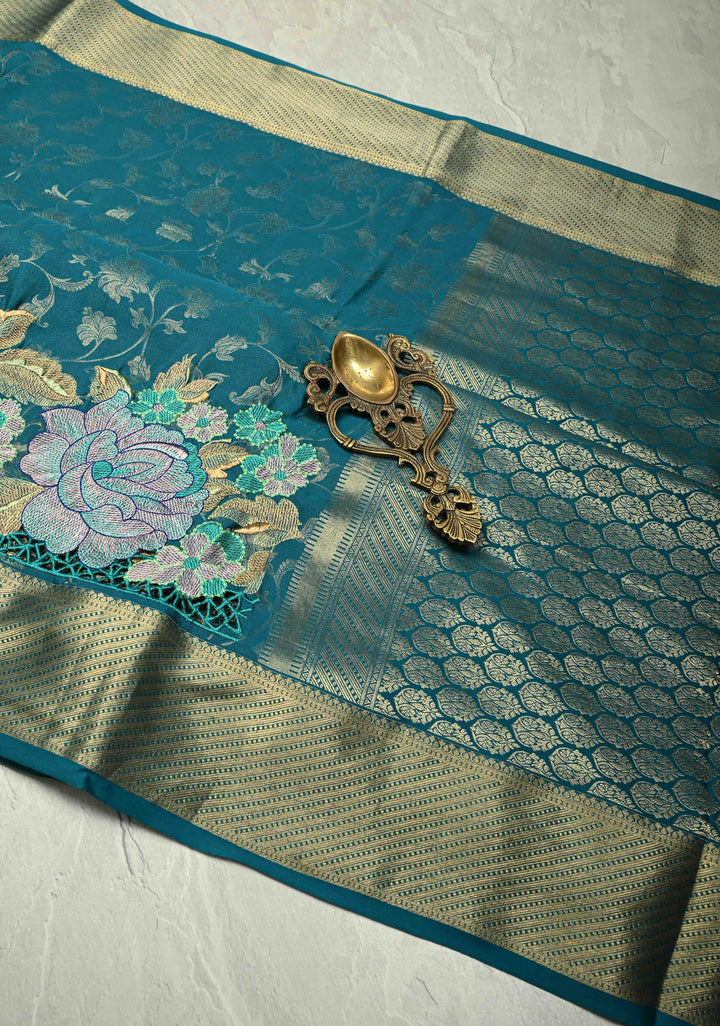 KSIC Grade Thickness Teal Green Muted Floral Brocade on Mysore Silk Saree with Machine Embroidery, Cutwork and Zari Border | SILK MARK CERTIFIED