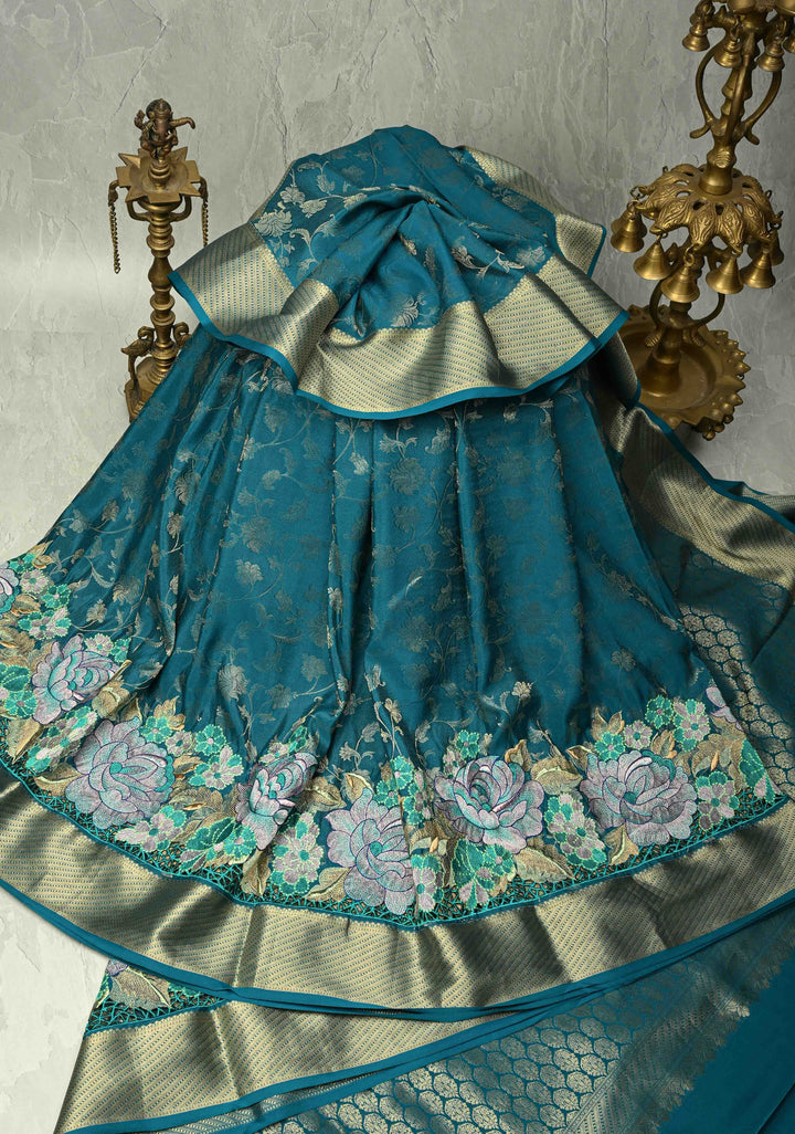 KSIC Grade Thickness Teal Green Muted Floral Brocade on Mysore Silk Saree with Machine Embroidery, Cutwork and Zari Border | SILK MARK CERTIFIED