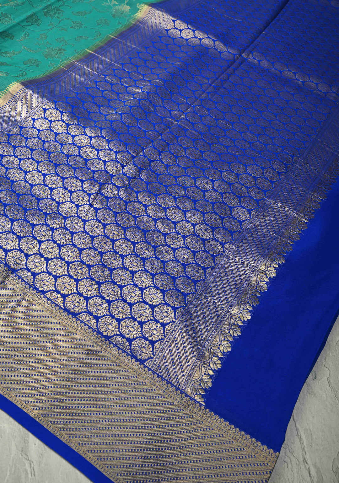 KSIC Grade Thickness Rama Green Floral jaal on Mysore Silk Saree with Machine Embroidery and Cutwork  | SILK MARK CERTIFIED