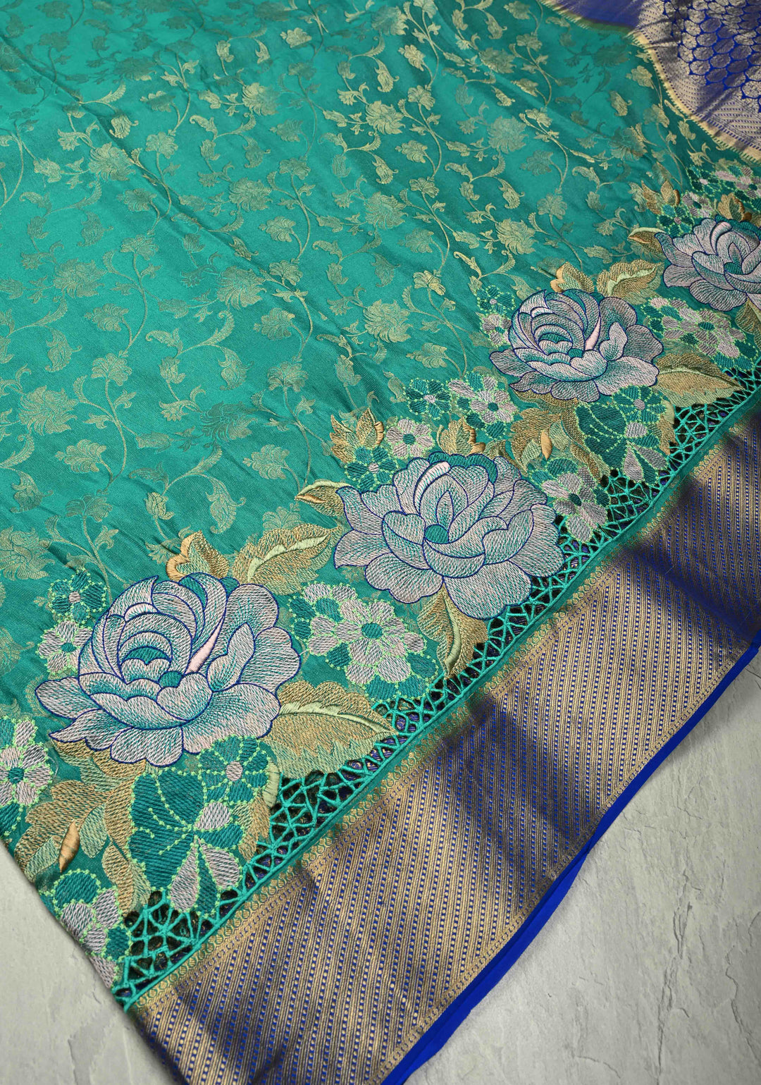 KSIC Grade Thickness Rama Green Floral jaal on Mysore Silk Saree with Machine Embroidery and Cutwork  | SILK MARK CERTIFIED