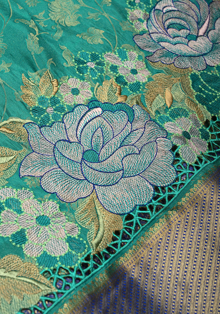 KSIC Grade Thickness Rama Green Floral jaal on Mysore Silk Saree with Machine Embroidery and Cutwork  | SILK MARK CERTIFIED