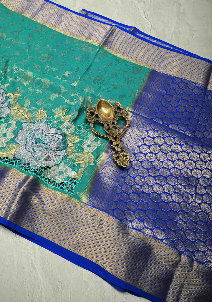 KSIC Grade Thickness Rama Green Floral jaal on Mysore Silk Saree with Machine Embroidery and Cutwork  | SILK MARK CERTIFIED