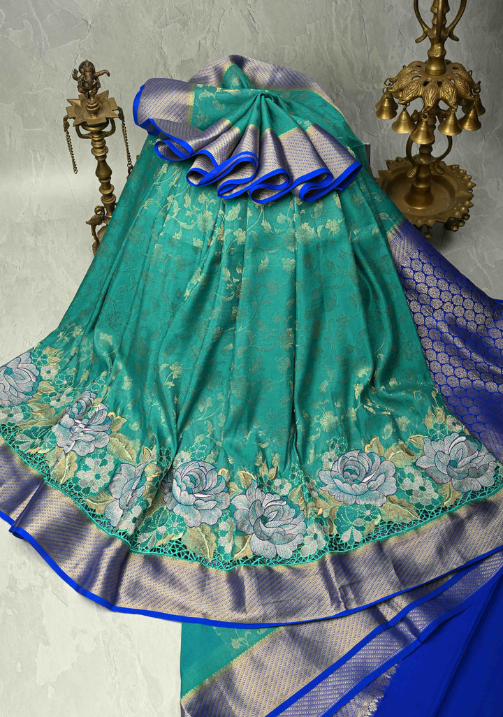 KSIC Grade Thickness Rama Green Floral jaal on Mysore Silk Saree with Machine Embroidery and Cutwork  | SILK MARK CERTIFIED