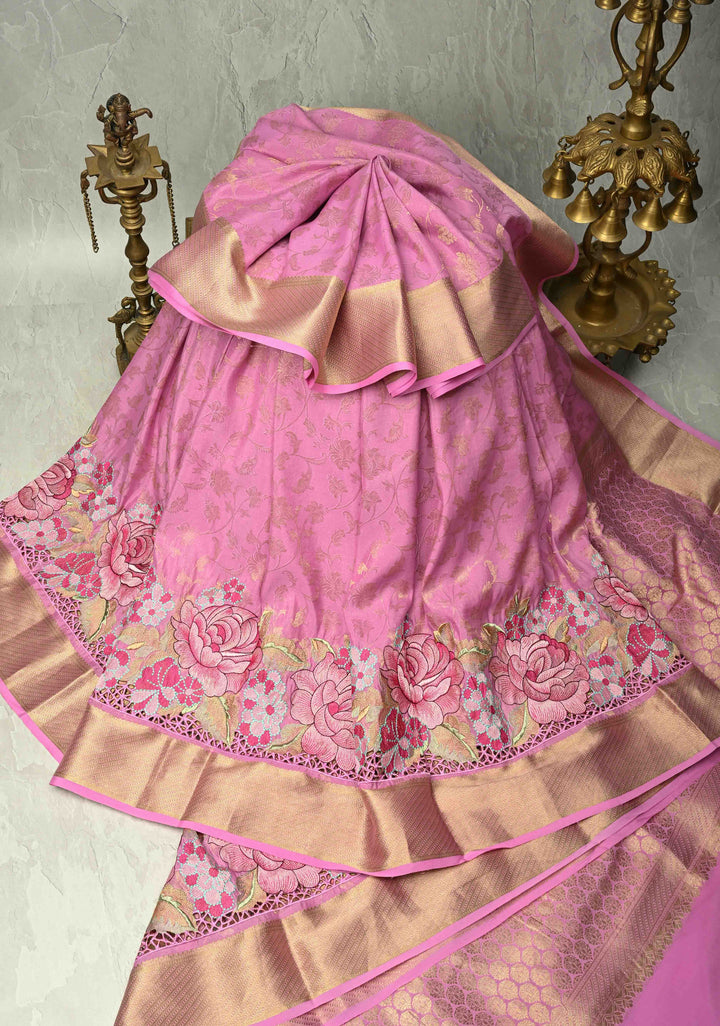 KSIC Grade Thickness Thistle Floral jaal on Mysore Silk Saree with Machine Embroidery and Cutwork  | SILK MARK CERTIFIED