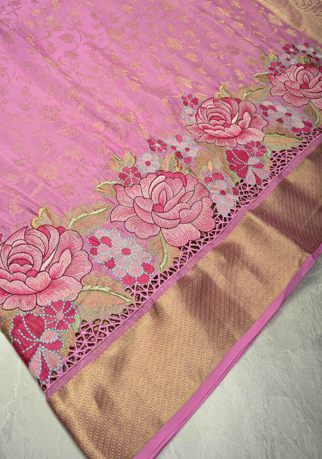 KSIC Grade Thickness Thistle Floral jaal on Mysore Silk Saree with Machine Embroidery and Cutwork  | SILK MARK CERTIFIED