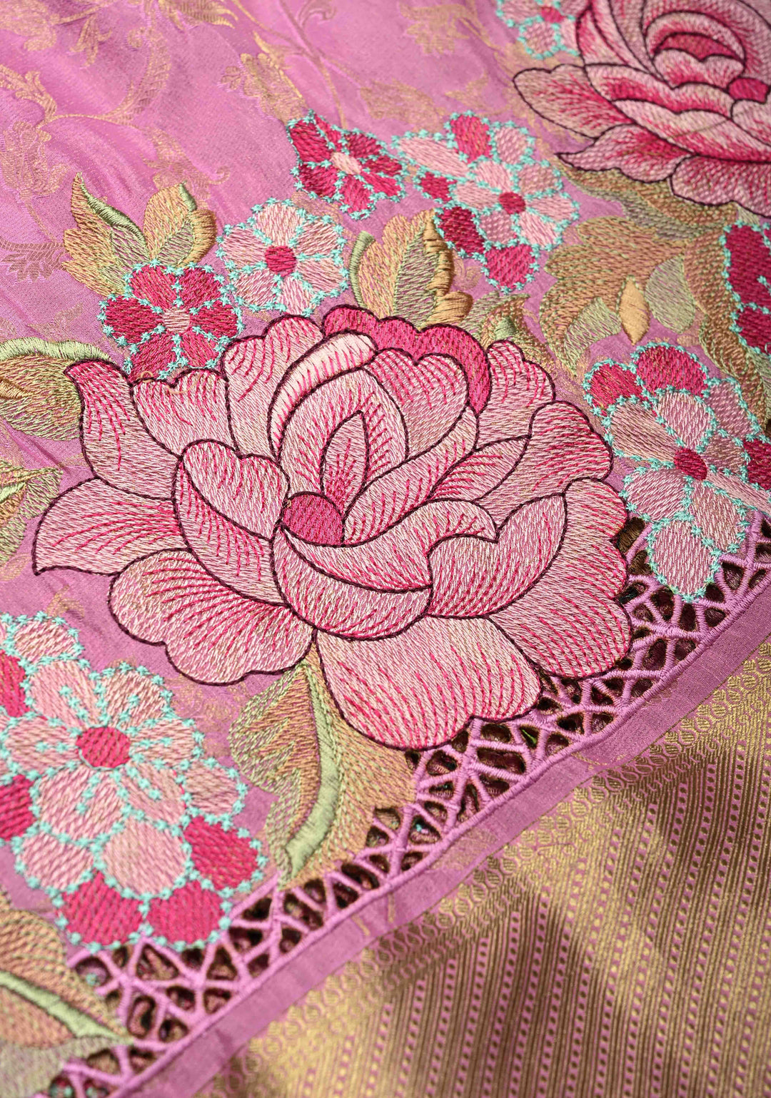 KSIC Grade Thickness Thistle Floral jaal on Mysore Silk Saree with Machine Embroidery and Cutwork  | SILK MARK CERTIFIED