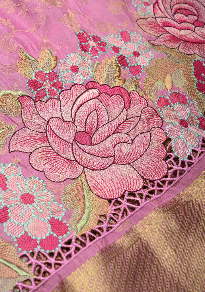 KSIC Grade Thickness Thistle Floral jaal on Mysore Silk Saree with Machine Embroidery and Cutwork  | SILK MARK CERTIFIED