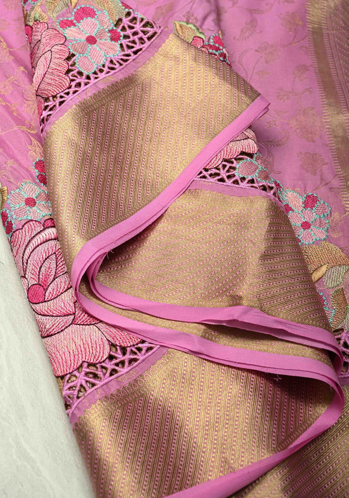 KSIC Grade Thickness Thistle Floral jaal on Mysore Silk Saree with Machine Embroidery and Cutwork  | SILK MARK CERTIFIED