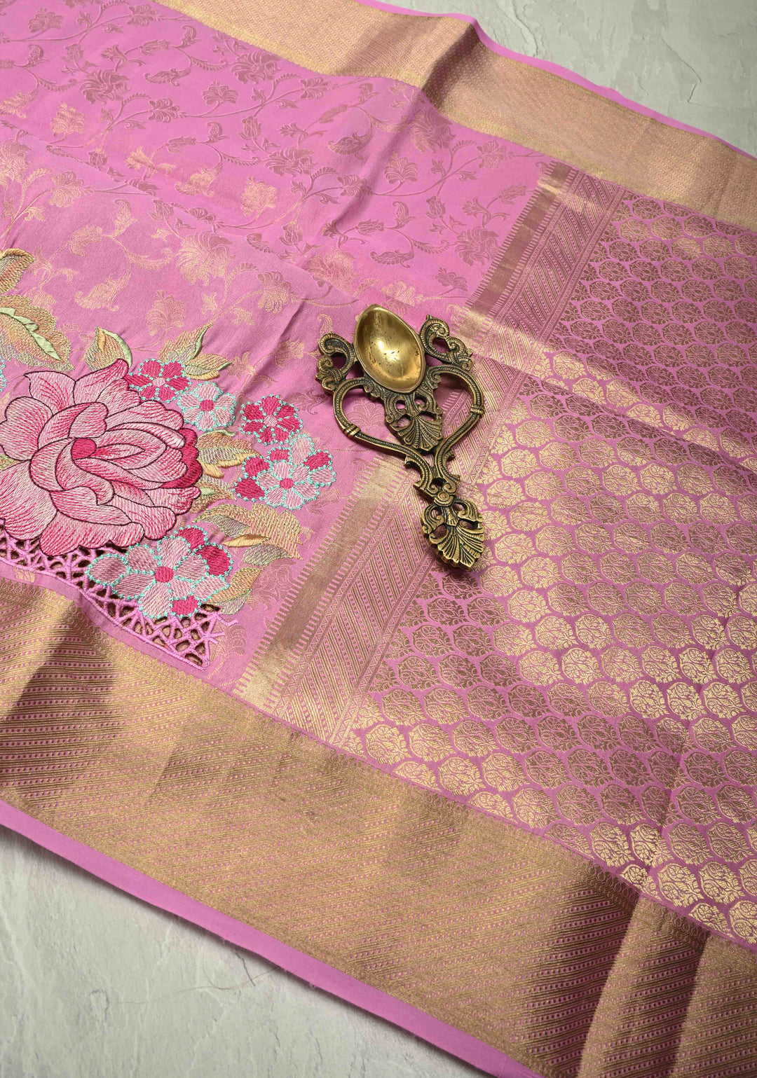 KSIC Grade Thickness Thistle Floral jaal on Mysore Silk Saree with Machine Embroidery and Cutwork  | SILK MARK CERTIFIED