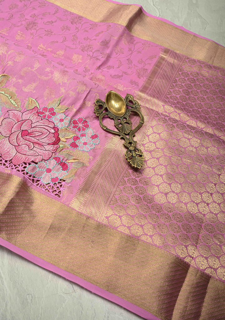 KSIC Grade Thickness Thistle Floral jaal on Mysore Silk Saree with Machine Embroidery and Cutwork  | SILK MARK CERTIFIED